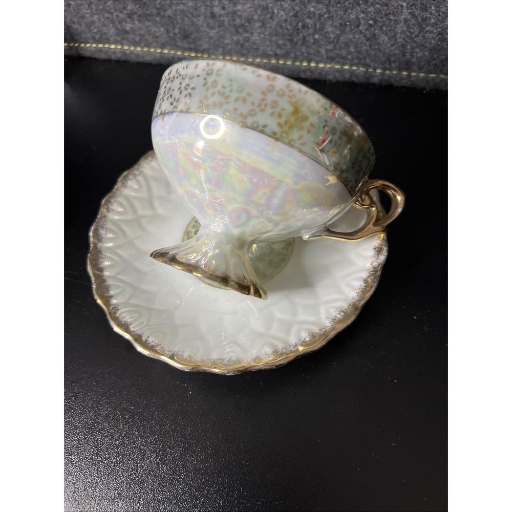 Vintage Japan Lusterware Pedestal Teacup Saucer Iridescent Mint Green Gold Gilt